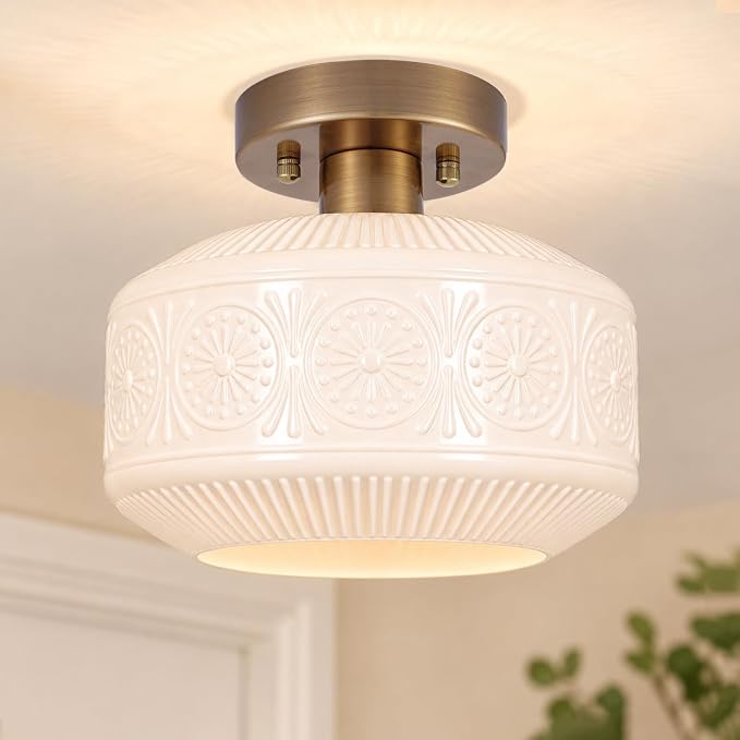 Brushed Antique Brass Semi Flush Mount Ceiling Light, Vintage Small Ceiling Light Fixture, Hallway Lighting Fixture with White Glass, Kitchen Ceiling Mount Light for Entry Way, Bedroom, Bathroom