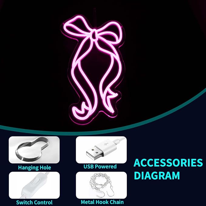 Bow Neon Sign - JGHTURIE Neon Signs for Wall Decor, Pink Bow Ribbon Light up Signs for Room, Bar, Party, Home Decor, Led Sign - USB Powered