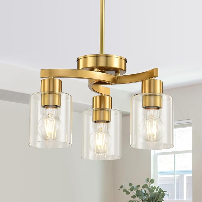 3 Light Brass Gold Dining Room Chandelier, Modern Industrial Pendant Light for Kitchen Island, Adjustable Height Hanging Ceiling Light Fixture with Clear Glass Shades,E26 Base,Dimmable