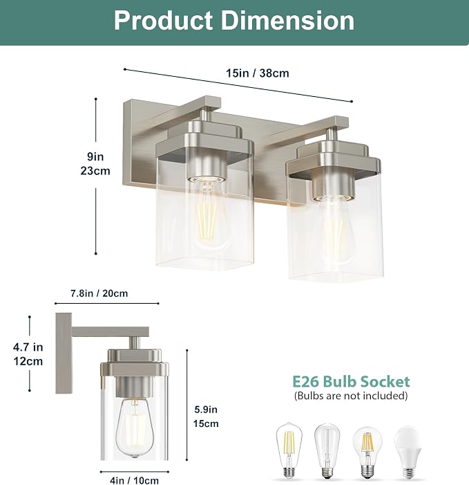 Brushed Nickel Bathroom Light Fixtures, 2 Lights Bathroom Lighting Fixtures Over Mirror, Square Design & Rectangle Large Backplate, Modern Vanity Lighting Fixtures, for Living Room/Bedroom