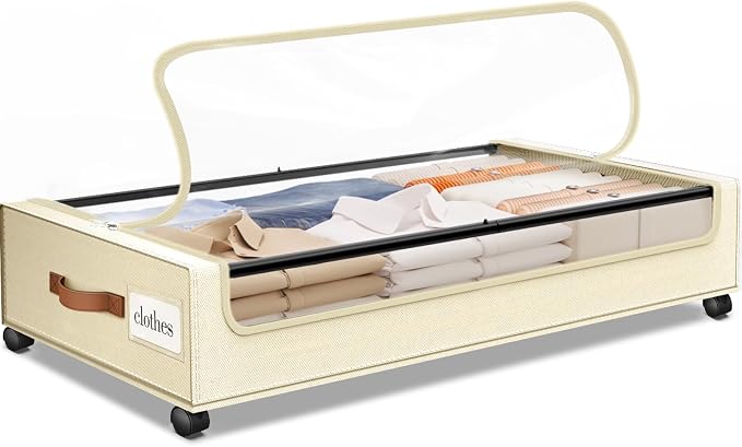 Under Bed Storage with Wheels 1Pack Storage Containers with Clear Window | Under Bed Drawers Rolling Under Bed Storage for Clothes,Shoes, Blankets (30.71 x 16.93 x 6.69 in, Beige)