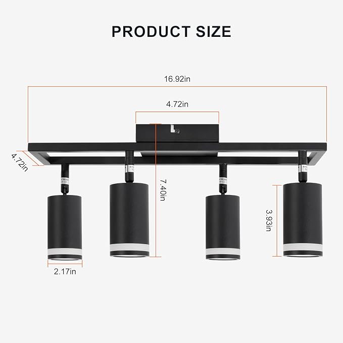 4-Light Track Lighting Fixtures Ceiling, GU10 Black Led Ceiling Spotlight, Modern Track Light Kit for Kitchen Hallway Bedroom Living Room