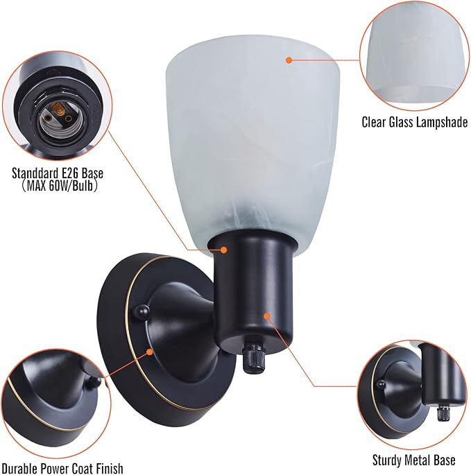 Wall Sconces Set of 2, Matte Black Vanity Lights for Bathroom, Modern Wall Light Fixtures with Rotary Switch, Wall Mount Light with Frosted Glass, Farmhouse Lamp for Bedroom Mirror Living Room