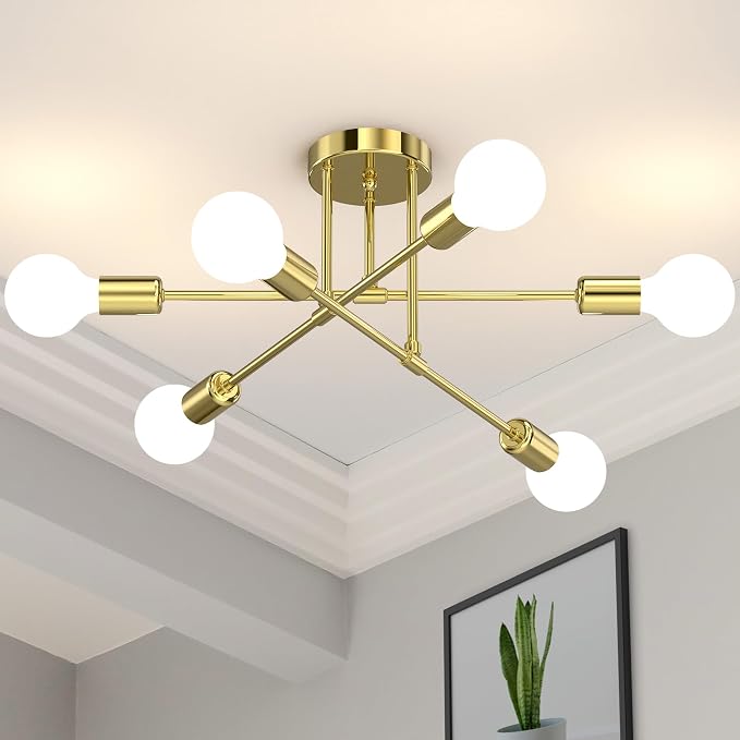 Modern Sputnik Chandelier Ceiling Light Fixtures, 6-Lights 22” Mid Century Industrial Metal Semi Flush Mount for Dining Room, Bedroom, Living Room-Brushed Gold
