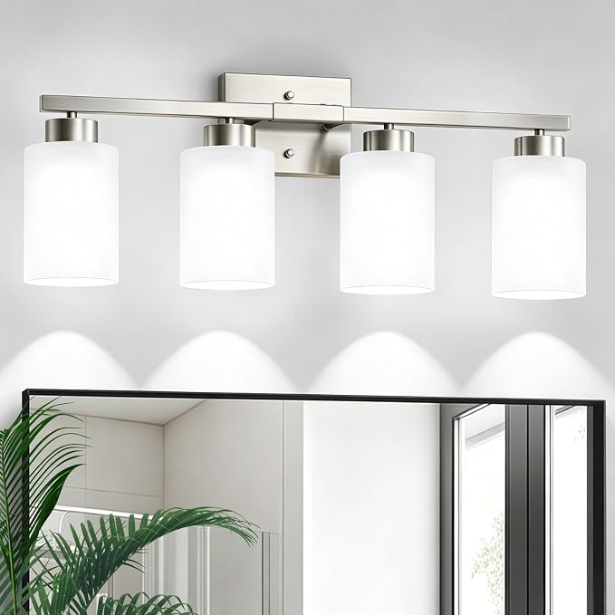 IZORRO Modern Bathroom Light Fixtures, 4 Light Brushed Nickel Vanity Lights, Bathroom Lighting Fixtures Over Mirror with White Glass for Living Room Cabinet Bedroom