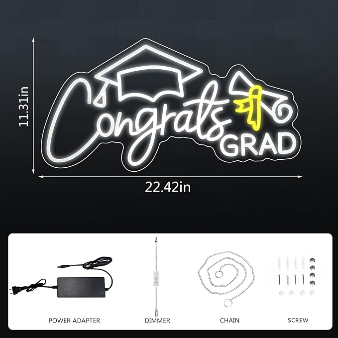 Congrats Grad Neon Sign, Class of 2026 Celebration Wall Decor | Dimmable Backdrop LED Light Up Signs for Party, Photos, Class of 2026 Celebrations, Graduation Gift