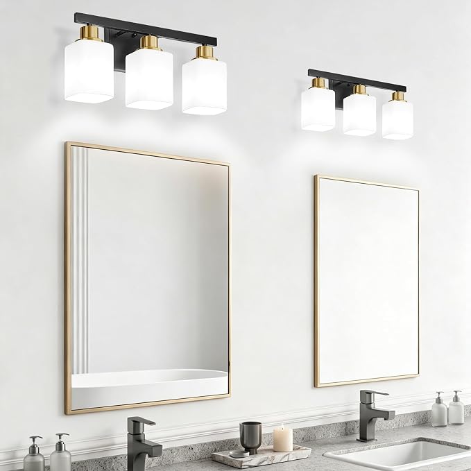 Black and Gold Vanity Light,3-Light Bathroom Light Fixtures,17" | Modern Bathroom Light Fixtures with Square Frosted Glass,Wall Sconces Lighting fixtures Over Mirror Restroom, Living Room