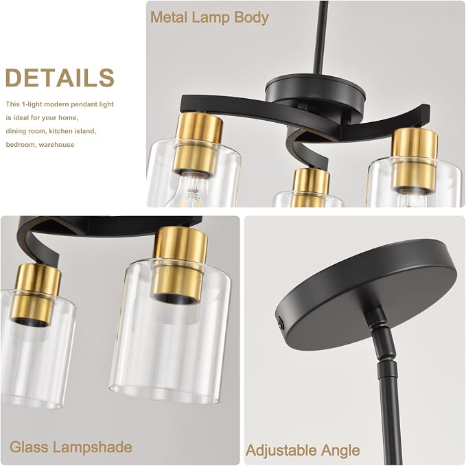 Black Brass Dining Room Chandelier, 3 Light Modern Industrial Pendant Light for Kitchen Island, Adjustable Height Ceiling Light with Clear Glass Shades,E26 Base,Dimmable