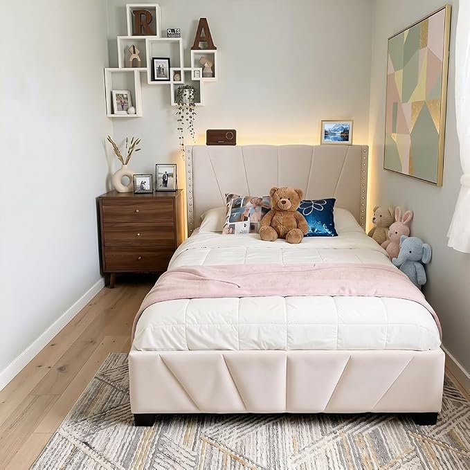 EnHomee Twin Bed Frame with LED Lights & USB, Noise-Free, Beige | Adjustable Velvet Headboard，Under-Bed Storage，Heavy Duty Support with 12 Slats，No Box Spring Needed，Easy Assembly for Bedroom