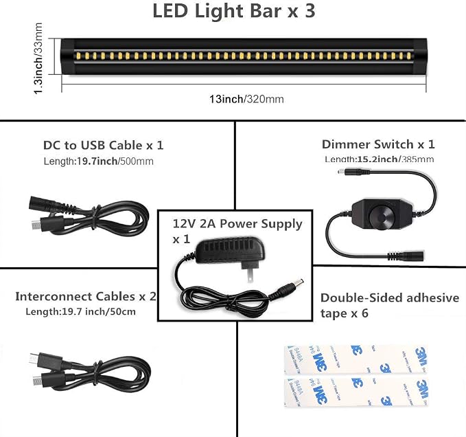 inShareplus 3 Pack 13 inch LED Under Cabinet Lighting, Dimmable, Natural White 4500K, CRI90+, 450Lumens, DC 12V Ultra Thin Under Counter Kitchen Lighting for Kitchen, Shelf, Cupboard, Black