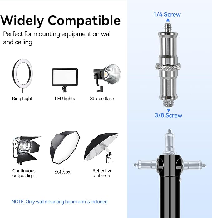 Takerers Ring Light Wall Mount, 5.9ft /71 inch Wall Ring Light Mount,180º Flexible Rotation,Triangle Boom Arm with 3/8 & 1/4 Screw for Photography Light, Monolight, Softbox, Umbrella, Reflector