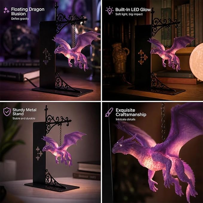Magical Floating Dragon Bookshelf Lamp, Warm LED Dragon Night Light, Fantasy Reading Nook Decor, Unique Gift for Fantasy Lovers and Book Readers (Purple)