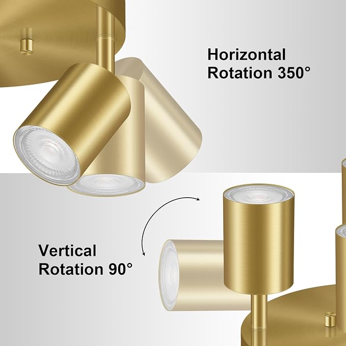 LED 4 Light Track Lighting Kit, LED Track Lighting Fixtures, Gold Round Ceiling Spot Lighting, Flexibly Rotatable Light Head for Kitchen, Living Room, Bedroom, GU10 Bulb Not Included
