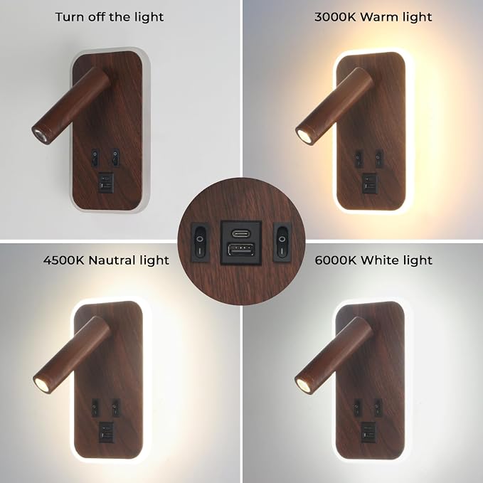 Wall Sconce Plug in with Wall Mounted Reading Lights with Switch | Wall Lights for Bedroom with USB C+A Ports, Bunk Bed Lights with 9W Night Light, Walnut Color Reading Light Adjustable Angle