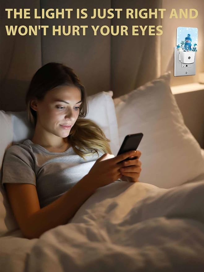 Snowman Night Lights Plug into Wall LED Night Light Christmas Cute Doll Snowflake Automatic Dimmable Dusk-to-Dawn Square Shaped Smart Nightlight for Bathroom/Bedroom