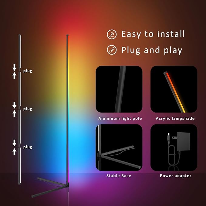 Tyute LED Corner Floor Lamp, 68+ Scenes, 16 Million Colors Corner Light with App & Remote Control, Smart RGB Ambient Lighting with Music Sync, Mood Lighting for Bedroom, Living Room, Gaming Room