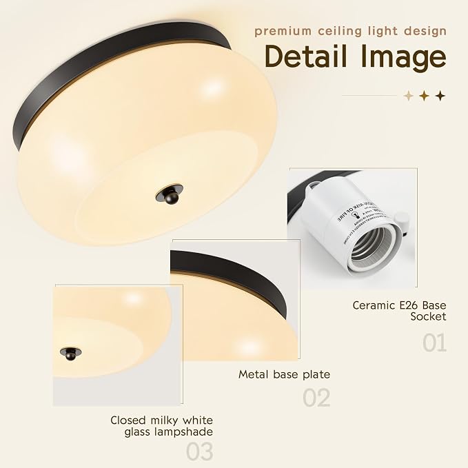 2-Light Black Ceiling Light, 11.02 in Milky White Glass Shade | Mid-Century Modern Metal Base, E26 Ceramic socket, Hallway, Kitchen, Bedroom, Bulb Not Included