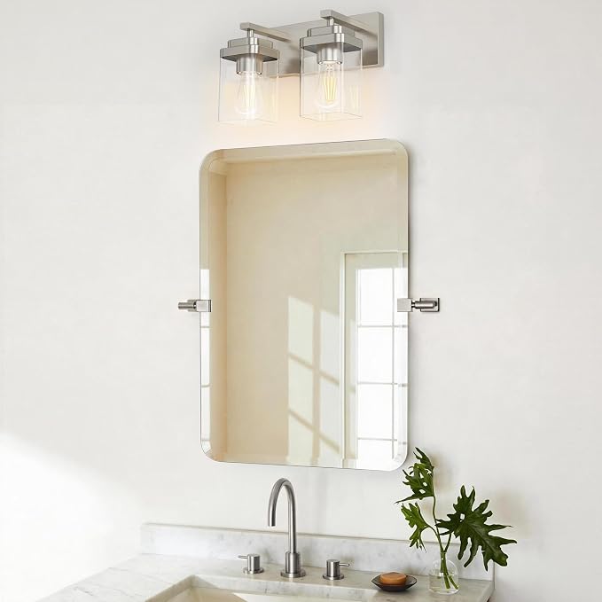 Brushed Nickel Bathroom Light Fixtures, 2 Lights Bathroom Lighting Fixtures Over Mirror, Square Design & Rectangle Large Backplate, Modern Vanity Lighting Fixtures, for Living Room/Bedroom