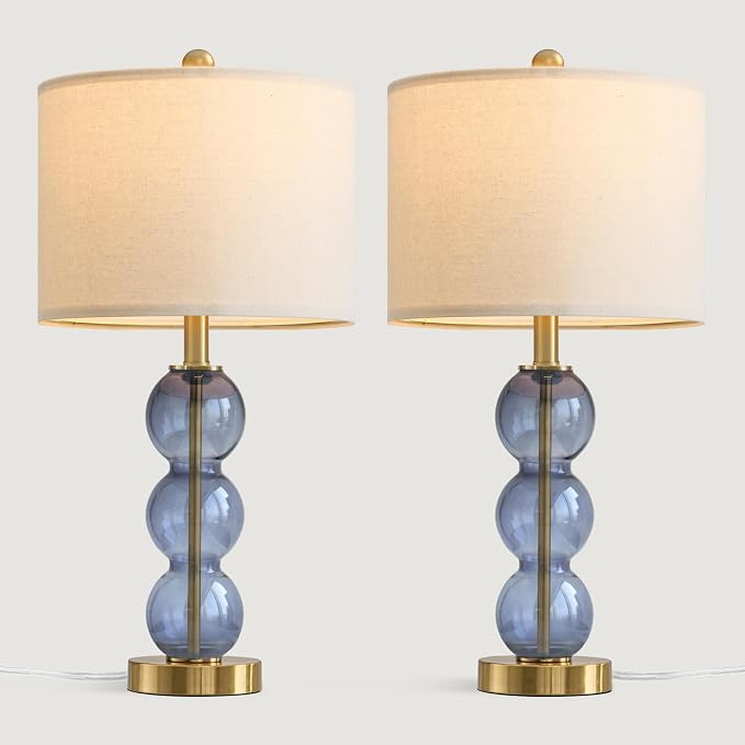 25" Blue Table Lamps for Living Room, Glass Modern Table Lamp Set of 2, USB Charging Ports, Linen Shade, Bedside Lamps for Bedroom, Nightstand, Side Table