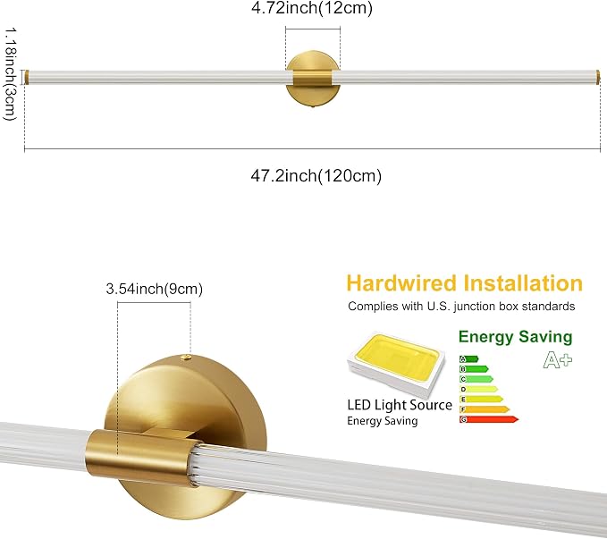 Gold Wall Sconces Set of 2 Hardwired LED Vanity Light 47" | Dimmable 5CCT LED Bathroom Light Fixtures, 360° Full Lighting, Modern Vanity Light Bar for Bathroom Mirror, Flicker-Free