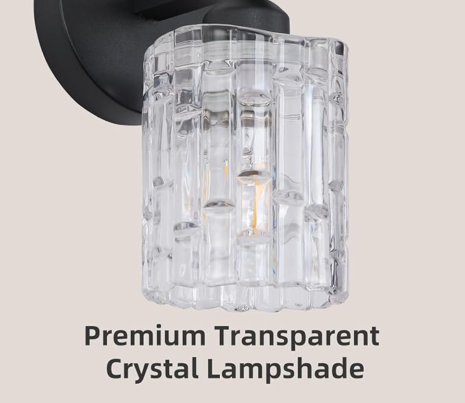 1-Light Modern Matte Black Crystal Wall Sconce, Hardwired Indoor Bathroom Vanity Light Fixture, Crystal Over Mirror Wall Lamp for Living Room, Bedroom, Hallway