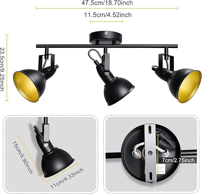 HiBay Retro LED Ceiling Spot Lights Fixtures, 3-Light Flexible Track Lighting Kit Black, Directional Spotlight for Kitchen Bedroom Dining Room, Candelabra E12 Base (No Bulbs)