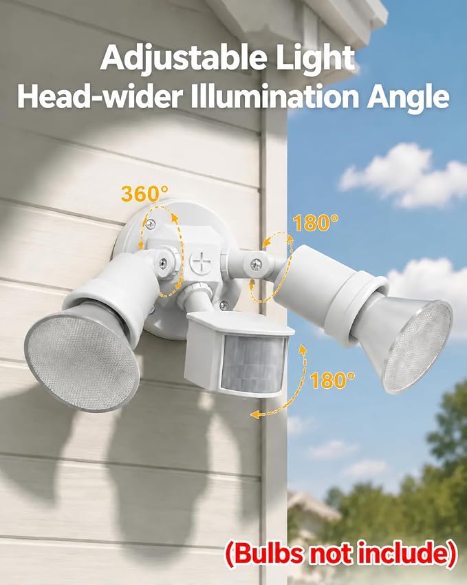 Motion Sensor Outdoor Light, 300W Waterproof Twin E26 PAR38 Holder | Motion Sensor Twin Heads: Auto activation, swivel E26 PAR38 sockets to adjust lighting angles（Bulbs not include）