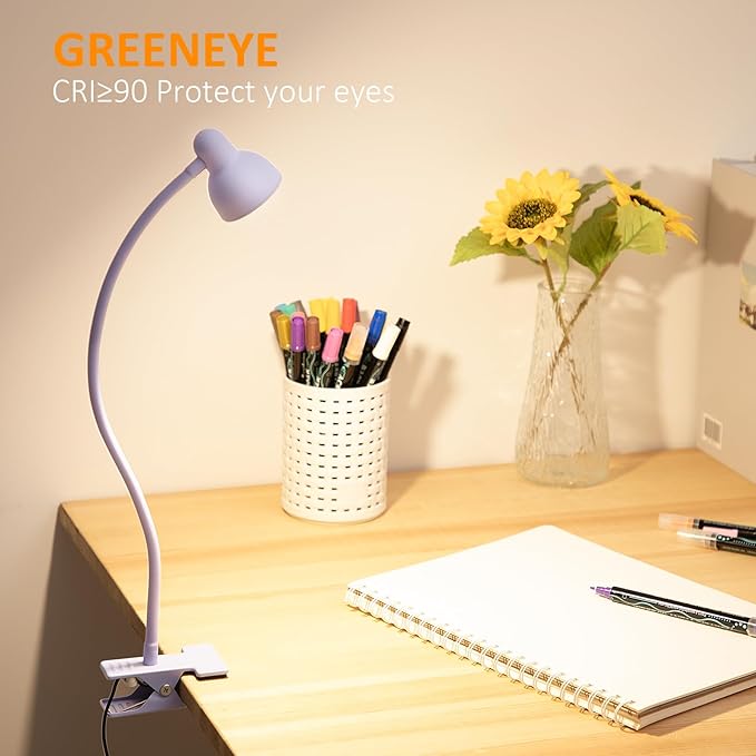 Clip on Lamp USB Reading Light, 3 Color Modes Purple | 10 Brightness Dimmable, Flexible Gooseneck Desk Lamp with Clamp, Eye Care Clip on Light for Bed Headboard Desk Home Dorm