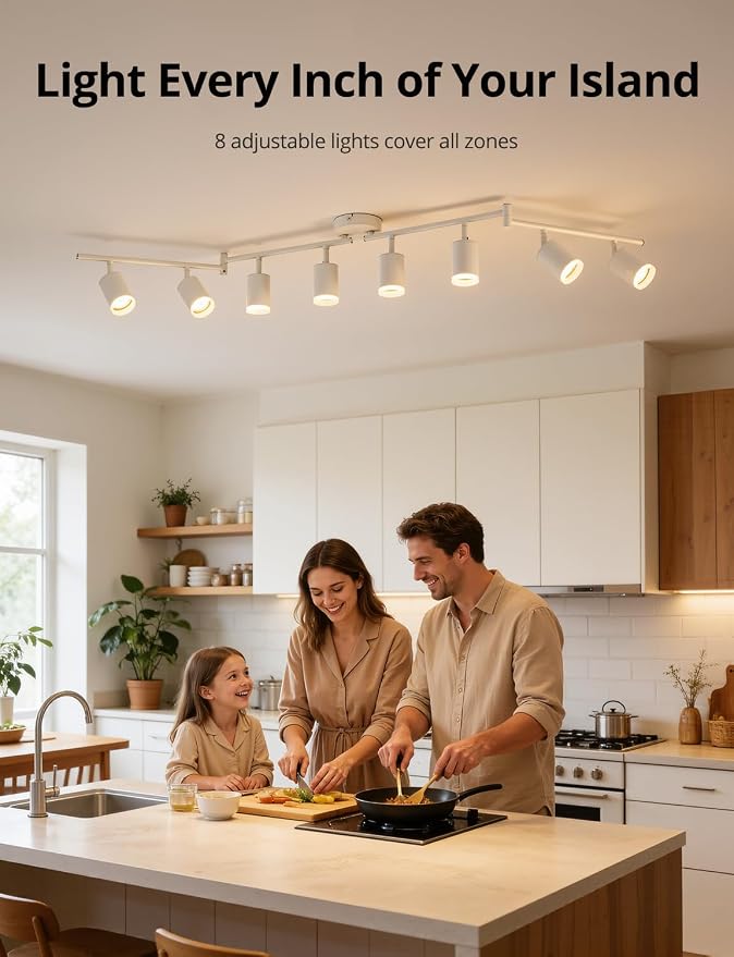 Bojim LED Track Lighting Fixtures Ceiling Mount for Kitchen, 8 Head Modern White Ceiling Light with Acrylic Ring, Rotatable Spot Lights for Dining Living Bedroom,GU10 Base (Bulbs Not Included)