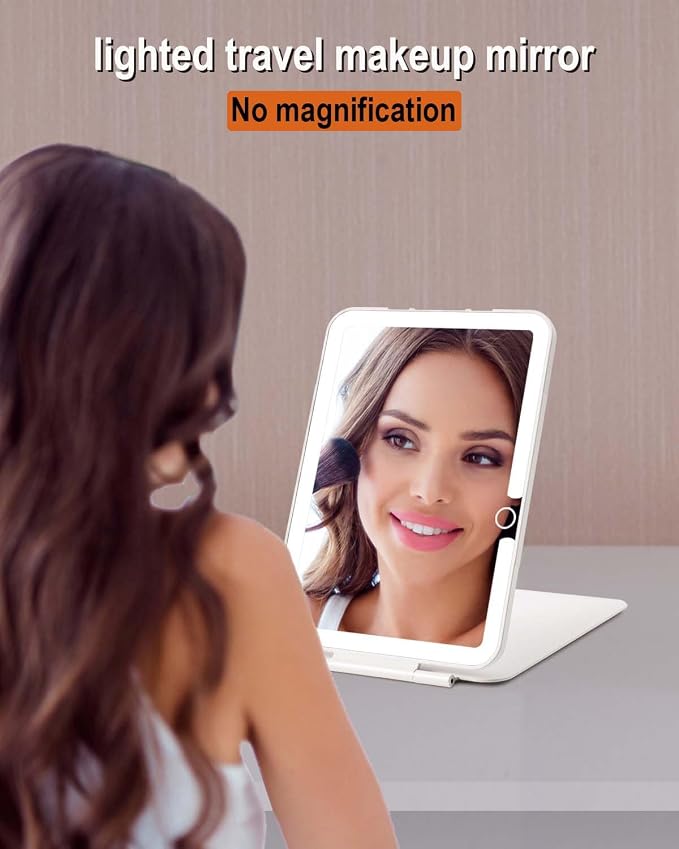 Travel Mirror with Light,7x5 inch Rechargeable Portable Lighted Makeup Mirror,3 Color Lighting Adjust Brightness,Tabletop Folding LED Compact Mirror