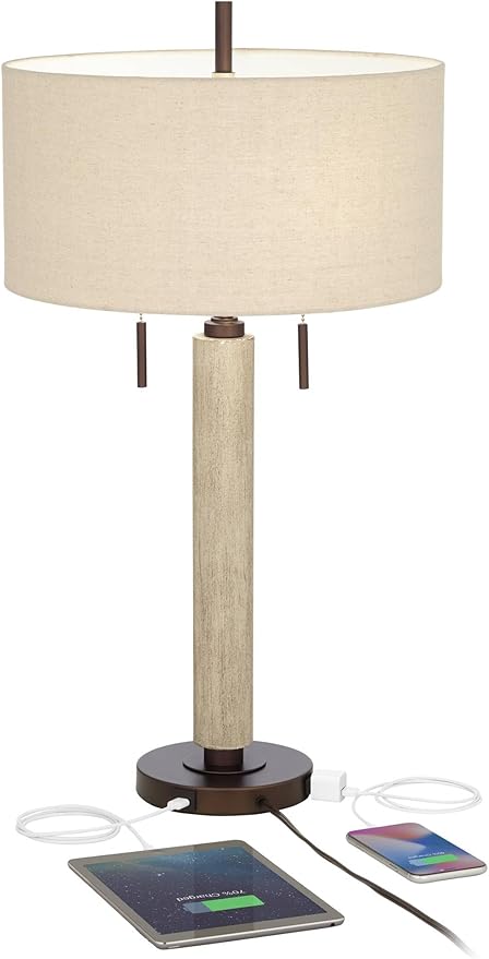 Franklin Iron Works Hugo 28 1/2" Tall Mid Century Modern Natural Cottage End Table Lamps Set of 2 USB Port Pull Chain White-Washed Wood Finish Oatmeal Shade Living Room Charging Bedroom Bedside