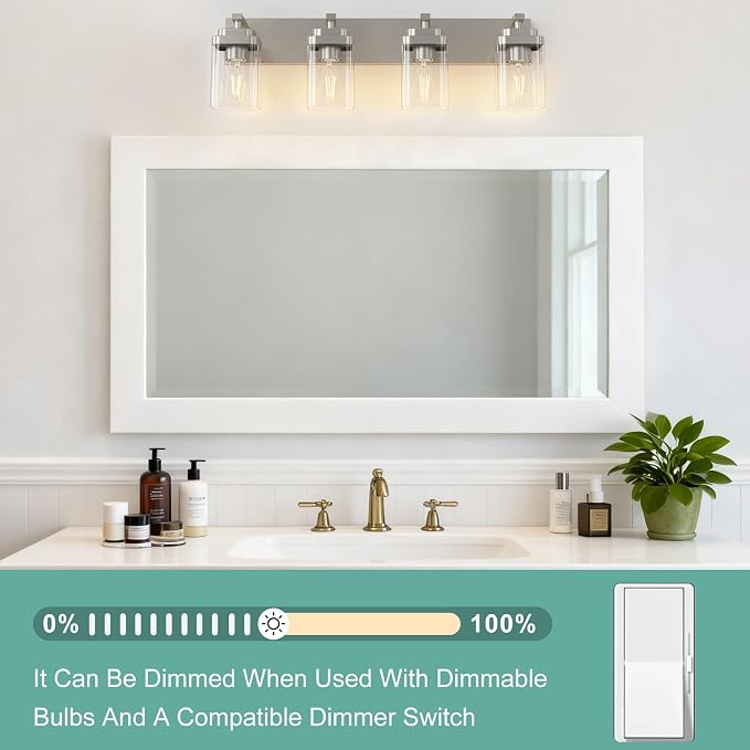 Brushed Nickel Bathroom Light Fixtures, 4 Lights Bathroom Lighting Fixtures Over Mirror, Square Design & Rectangle Large Backplate, Modern Vanity Lighting Fixtures, for Living Room/Bedroom