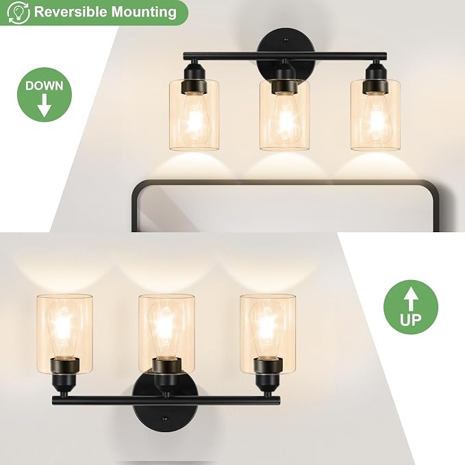 3-Light Bathroom Vanity Light Fixture, Black with Clear Amber Glass,17.3'' | Modern Wall Lamp, For Mirror