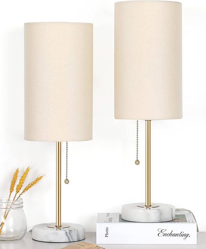 Bedside Table Lamp with Marble Base: Pull Chain Switch 3-Way Dimmable | Linen Fabric Shade & Golden Pole Small Nightstand Lamps 18.5 Inches for Bedrooms, Office, Dinning Room, Set of 2
