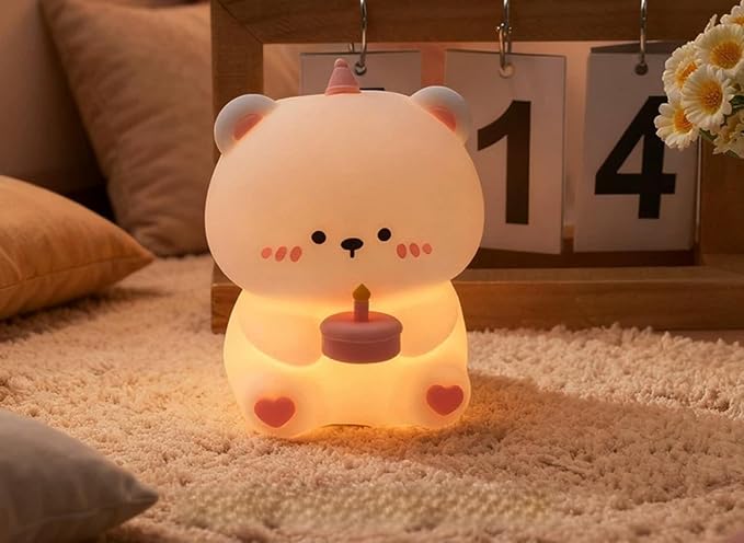Tap Control Cute Cartoon Silicone USB Rechargeable Night Light, Squeeze Soft Silicone Animal Timing Bedside Sleep Lamp