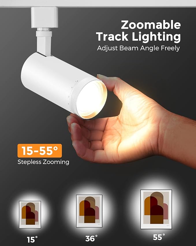 VANoopee 3-Color Zoomable J Type Track Lighting Heads 10W for Juno Rail - Bright LED Track Light Heads Fixtures 3000K 4000K 5000K Ceiling Spot Accent Light, No Flicker CRI90+ 15-55° 800lm White 4 Pack