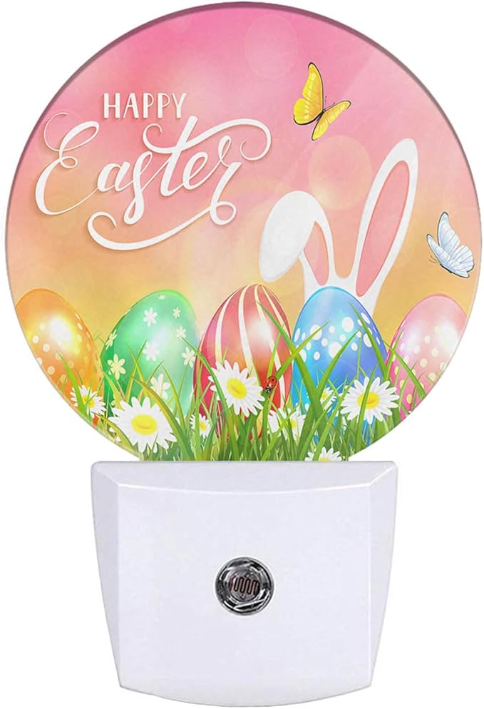 Easter Bunny Eggs Night Light Butterfly Green Grass Spring Farmhouse Dusk to Dawn Plug-in Nightlight Auto Sensor for Bedroom Bathroom Hallway Living Room