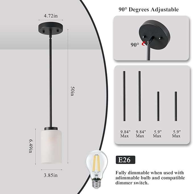 3 Pack Pendant Light Fixtures, Kitchen Island Hanging Ceiling Lights with White Frosted Glass Shades, Adjustable House Indoor Light for Bedroom Living Room, Black