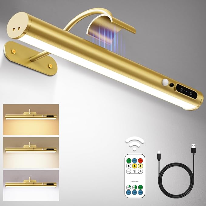 Hapfish Motion Sensor Battery Operated Wall Sconce,Wireless Picture Lights | Rechargeable Magnetic Art Lighting with Remote Control, Battery Picture Light for Wall Poster Dartboard Mirror - Gold