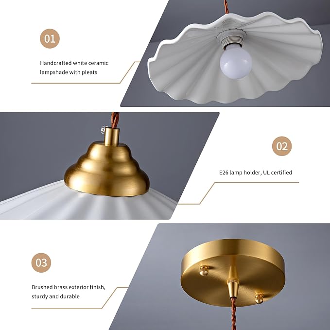 Ceramic Pendant Light, Vintage Pendant Light Fixture with Pleated Ceramic Lmapshade, White Porcelain Pendant Light, Hanging Light for Hallway Kitchen Island Dining Room, 11.8in