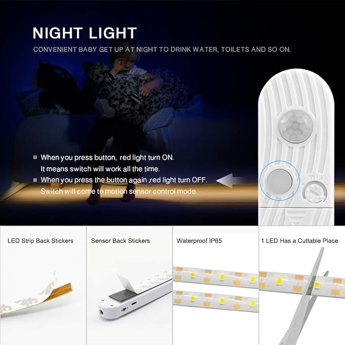 Under Cabinet Lights, 3M/10FT LED Bed Stairs Wardrobe Strip Lights Motion Sensor, 5V USB & Battery Powered Closet Night Tape Lights Four Modes, Waterproof - Warm White, 3M x 1 Pack