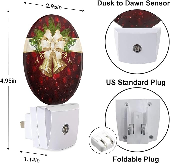 Winter Decorative Night Light Christmas Bells and Beige Bow Plug-in Nightlight Energy Saving 0.5W LED Lighting for Boys Girls Men Women Bedroom