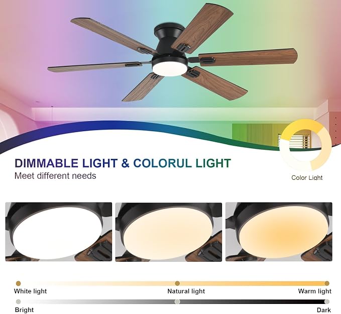 KNUN 56 inch Ceiling Fans with Lights,Brown Flush Mount Ceiling fan with Light and Remote/APP Control, 3CCT, Dimmable, Noiseless, Low Profile Ceiling Fan for Bedroom, Patio, Indoor/Outdoor Use