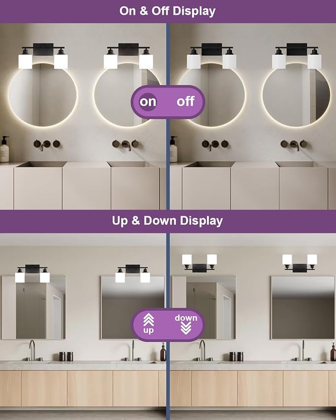 Modern Bathroom Lights - 2-Light Vanity Fixtures with Milky White Glass Shades, Anti-Rust Matte Black Finish, E26 Base