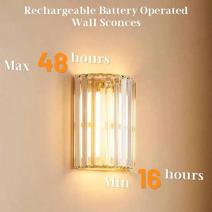 Gold Battery Operated Wall Sconces Set of Two, Crystal Wireless Wall Lights with Remote, Rechargeable Cordless Wall Lamps 12 RGB and 3 CCT Dimmable Decor for Bedroom Living Room Hallway