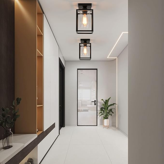 3 Pack Semi Flush Mount Ceiling Light,Black Metal Frame Ceiling Light Fixture with Clear Glass Shade, Farmhouse Light Fixture for Kitchen Island Entryway Porch Foyer