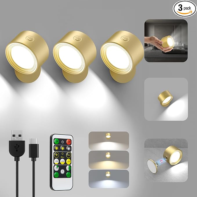 Racokky LED Wall Sconces 3 Pcs with Remote, Wall Lights 3000mAh Rechargeable Battery Operated, 3 Color Temperatures & Dimmable Wall Lamp Magnetic 360° Rotation Light for Bedroom Living Room(Gold)
