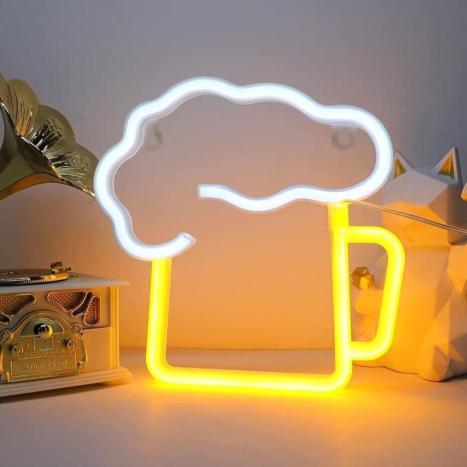 ENUOLI Neon Beer Lights,Battery/USB Operated Night Lights,Yellow White Neon Signs for Wall Decor,LED Beer Signs for Man Cave,Bedroom,Bar,Nightclub,Holiday Celebration Party Decor(8.6''x8.6'')