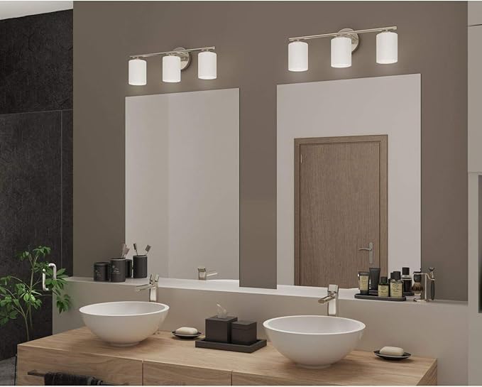 Replay Collection 3-Light Etched White Glass Modern Bath Vanity Light Brushed Nickel
