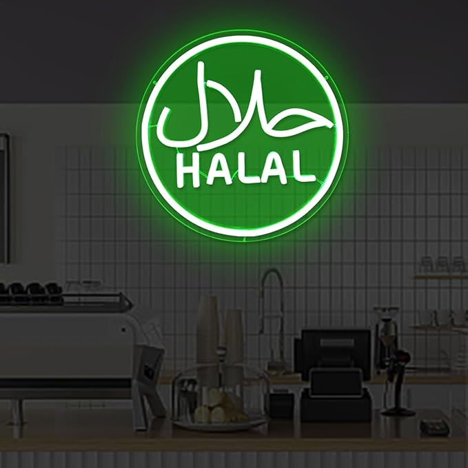 Halal Neon Signs for Wall Decor Dimmable Led Green Restaurant Neon Light Signs for Beef Chicken Candy Snack,Halal Hanging Door Sign Light